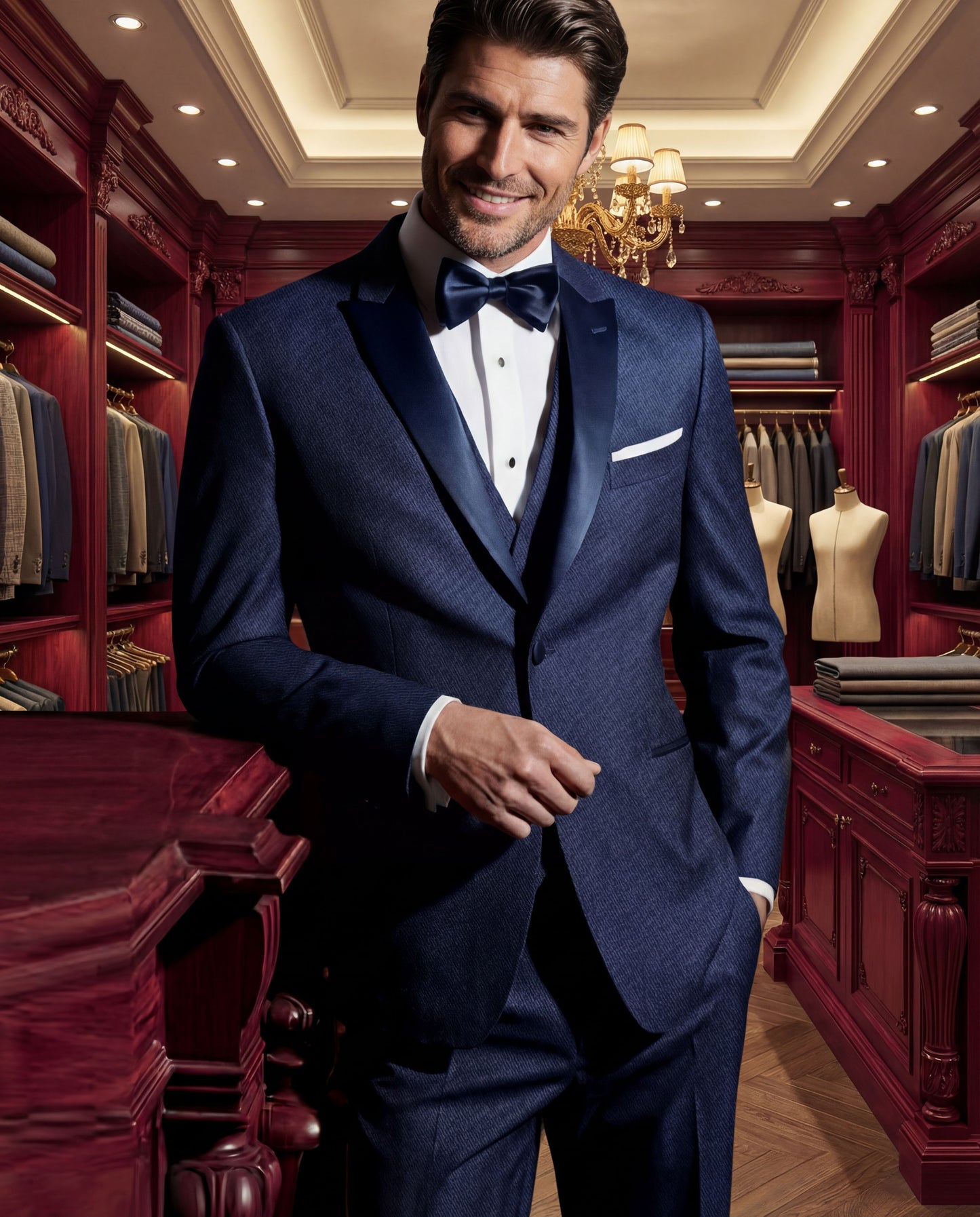 Custom-made Stellanos  Dark Indigo Blue Wedding Tuxedos - Custom-made Peak Lapel Men's Three Piece Slim Fit Tuxedo