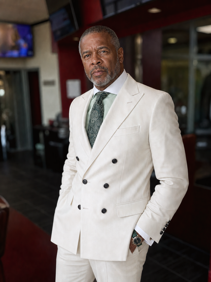 BESPOKE C.O.D.E 100% Wool Suits / Off-White - Hand-made Double-Breasted Peak Lapel Men's Two Piece Modern Fit Suit