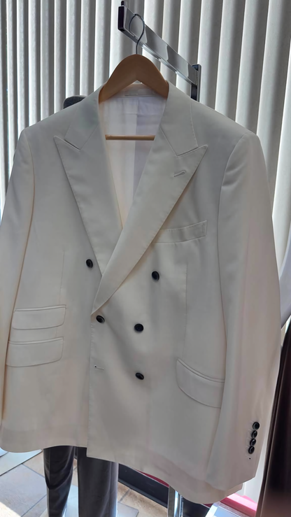 BESPOKE C.O.D.E 100% Wool Suits / Off-White - Hand-made Double-Breasted Peak Lapel Men's Two Piece Modern Fit Suit
