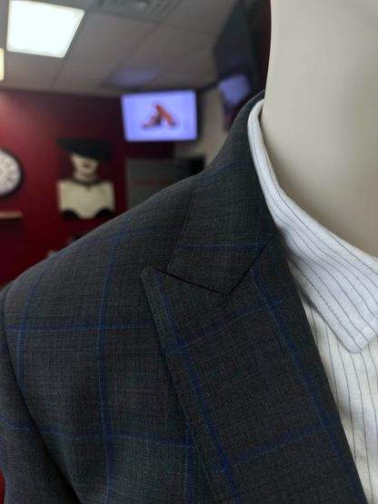 Prestige-5 Custom-made 100% Merino Wool Suits / Grey Plaid - Custom-made Single-Breasted Peak Lapel Men's Three Piece Slim Fit Suit