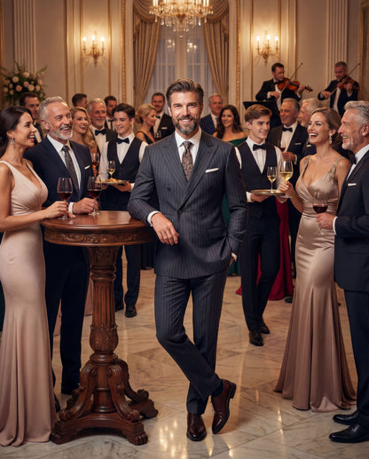 BESPOKE C.O.D.E Ermenegildo Zegna Light Charcoal Striped Suits - Hand-made Double Breasted Peak Lapel Men's Two Piece Slim Fit Suit